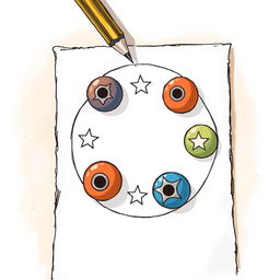 A detailed illustration of a paper and pencil, with a circle drawn on the paper