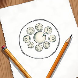 A detailed illustration of a paper and pencil, with a circle drawn on the paper