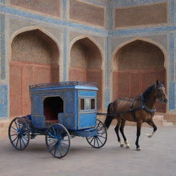 A majestic horse carriage with a resplendent exterior showcasing Safavid blue tiling, and a contrasting warm, inviting interior adorned with rich red tiles.