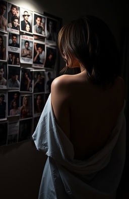 A sensual scene featuring a woman with partially draped white bedsheet over her back, slightly revealing her bare back, adding a mysterious and alluring vibe