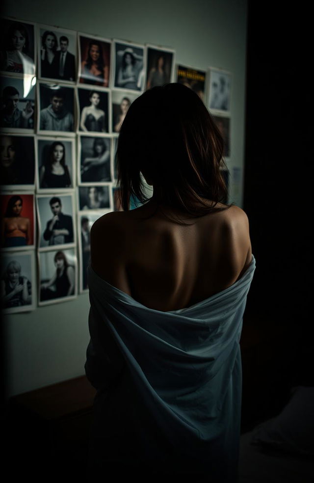 A sensual scene featuring a woman with partially draped white bedsheet over her back, slightly revealing her bare back, adding a mysterious and alluring vibe