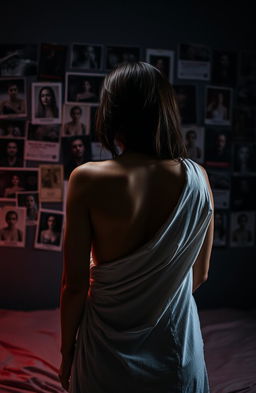 A sensual scene featuring a woman with partially draped white bedsheet over her back, slightly revealing her bare back, adding a mysterious and alluring vibe