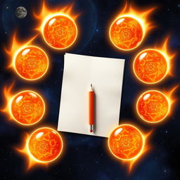 The seven Dragon Balls from Dragon Ball Z floating in a circular arrangement, each glowing with a unique aura, surrounding a perfectly centered blank sheet of paper and a pencil