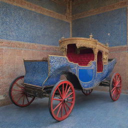 A majestic horse carriage with a resplendent exterior showcasing Safavid blue tiling, and a contrasting warm, inviting interior adorned with rich red tiles.