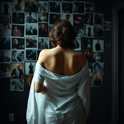 A woman with her back to the viewer, elegantly draped in a white bedsheet that covers her lower body while leaving her back exposed