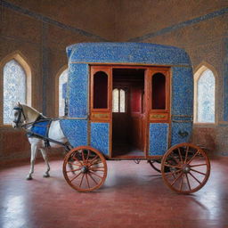 A majestic horse carriage with a resplendent exterior showcasing Safavid blue tiling, and a contrasting warm, inviting interior adorned with rich red tiles.