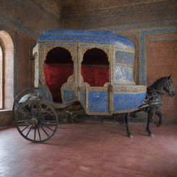 A majestic horse carriage with a resplendent exterior showcasing Safavid blue tiling, and a contrasting warm, inviting interior adorned with rich red tiles.