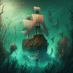 Anime style book cover art with a pirate ship above water and mermaids below water for a novel