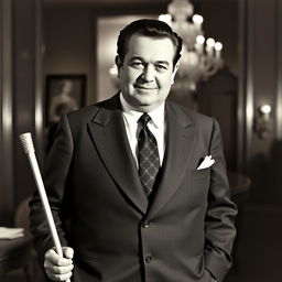 Orson Welles holding a sugarcane, dressed in a classic 1940s suit