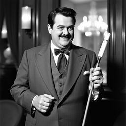 Orson Welles holding a sugar cane, dressed in a classic 1940s suit