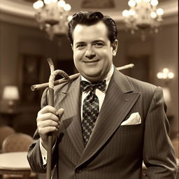 Orson Welles wearing a sugar cane as an accessory, intertwined creatively with his 1940s suit