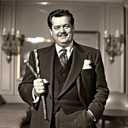 Orson Welles wearing a sugar cane as an accessory, intertwined creatively with his 1940s suit