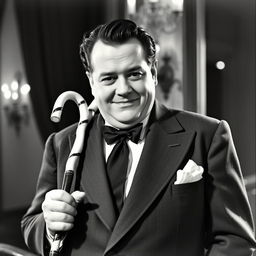 Orson Welles wearing a sugar cane as an accessory, intertwined creatively with his 1940s suit