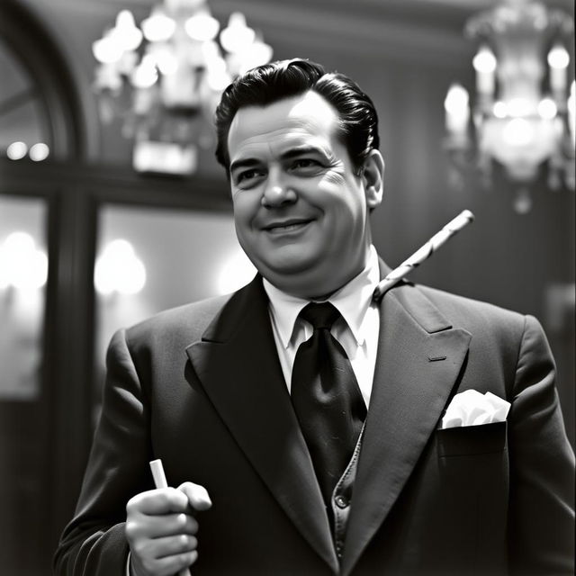 Orson Welles wearing a sugar cane as an accessory, intertwined creatively with his 1940s suit