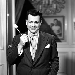 Orson Welles with a sugar cane in his hand, dressed in a sophisticated 1940s suit