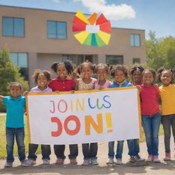 A group of diverse, joyful children holding a colorful banner that reads 'Join Us!' against a backdrop of a sunny and welcoming school surrounding.