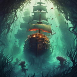 Anime style book cover art with a pirate ship above water and mermaids below water for a novel