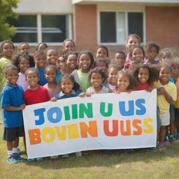 A group of diverse, joyful children holding a colorful banner that reads 'Join Us!' against a backdrop of a sunny and welcoming school surrounding.