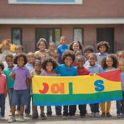 A group of diverse, joyful children holding a colorful banner that reads 'Join Us!' against a backdrop of a sunny and welcoming school surrounding.