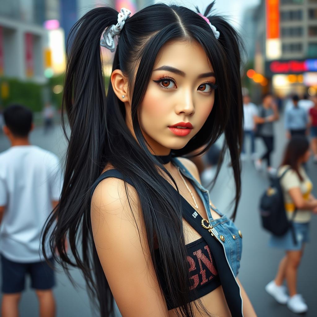 A beautiful woman with long black twintails and striking red eyes, wearing a variety of random cute clothes, posing in a public setting