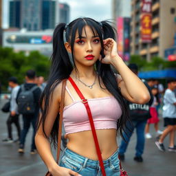 A beautiful woman with long black twintails and striking red eyes, wearing a variety of random cute clothes, posing in a public setting