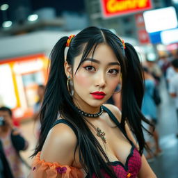 A beautiful woman with long black twintails and striking red eyes, wearing a variety of random cute clothes, posing in a public setting