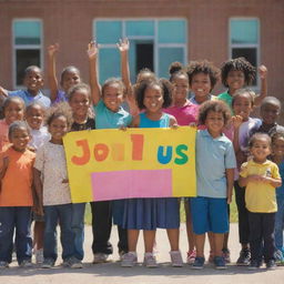 A group of diverse, joyful children holding a colorful banner that reads 'Join Us!' against a backdrop of a sunny and welcoming school surrounding.