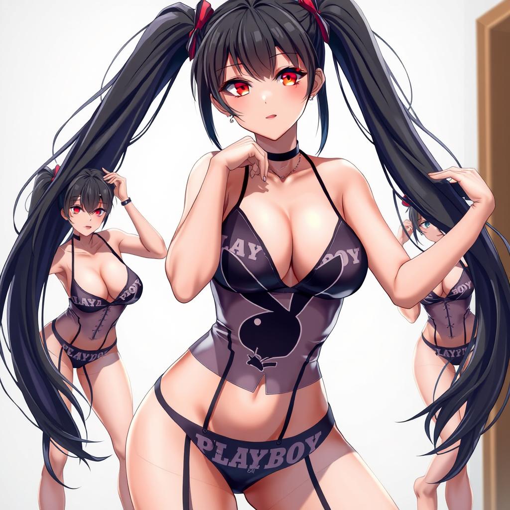 Anime-style woman with long black twintails and red eyes, wearing Playboy magazine-themed bra and panties, posing seductively in a variety of random, alluring poses