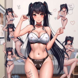 Anime-style woman with long black twintails and red eyes, wearing Playboy magazine-themed bra and panties, posing seductively in a variety of random, alluring poses