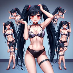 Anime-style woman with long black twintails and red eyes, wearing Playboy magazine-themed bra and panties, posing seductively in a variety of random, alluring poses