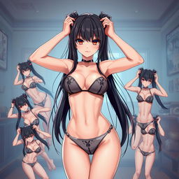 Anime-style woman with long black twintails and red eyes, wearing Playboy magazine-themed bra and panties, posing seductively in a variety of random, alluring poses