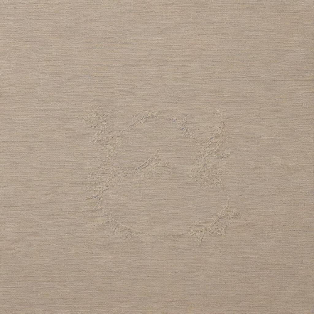 A minimalistic interpretation of T'boli t'nalak cloth, illustrating a sun and moon symbol using light hues. Capture the unique weaving patterns while keeping the design subdued for an elegant look.