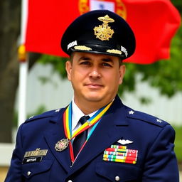 Passport-style photo of a commander wearing a white shirt, dark blue tie, and a dark blue blazer with four small silver stars on each shoulder