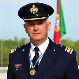 Passport-style photo of a commander wearing a white shirt, dark blue tie, and a dark blue blazer with four small silver stars on each shoulder