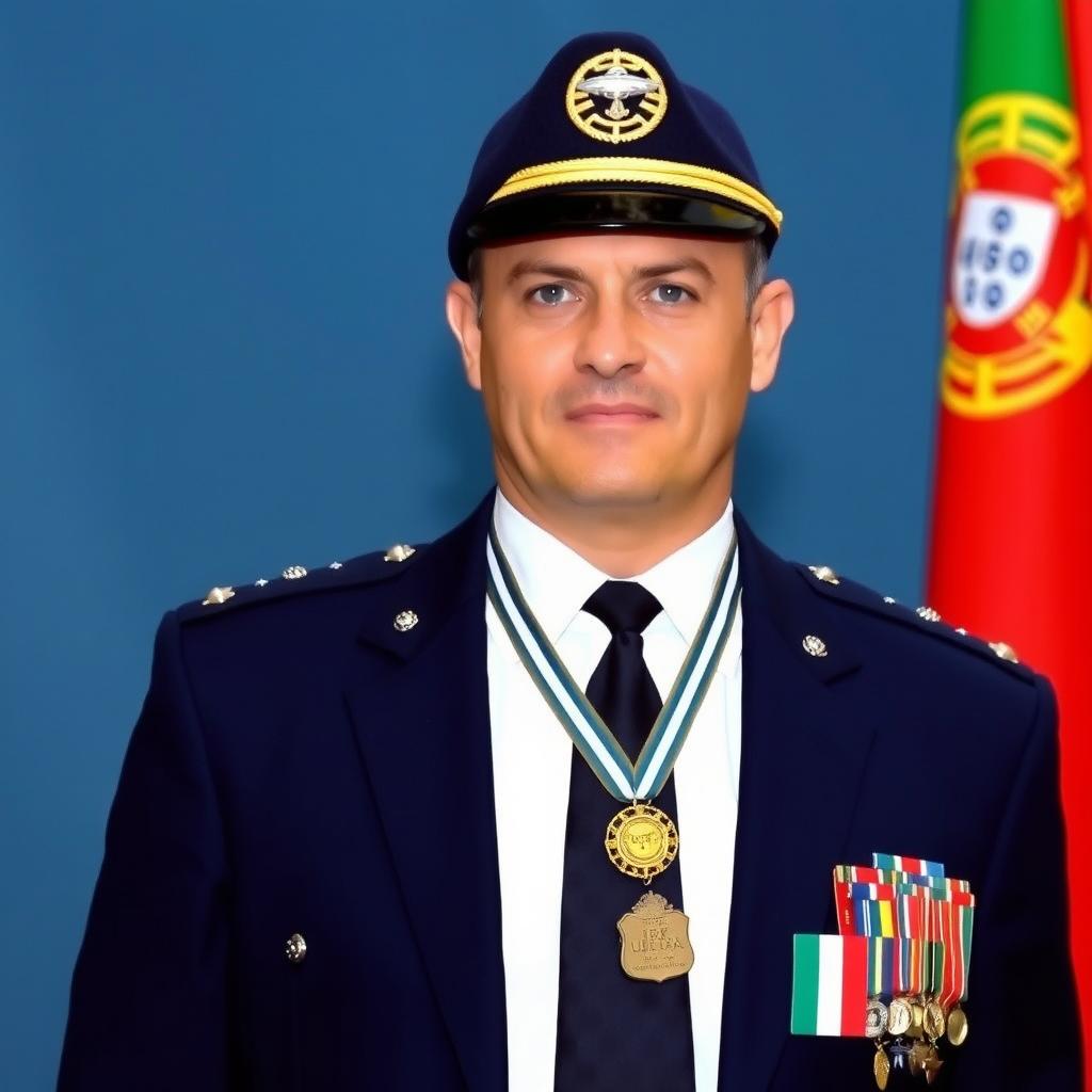 Passport-style photo of a commander wearing a white shirt, dark blue tie, and a dark blue blazer with four small silver stars on each shoulder