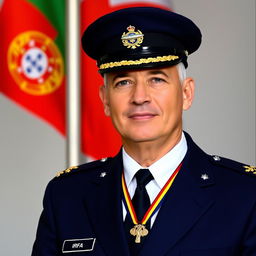 Passport-style photo of a commander wearing a white shirt, dark blue tie, and a dark blue blazer with four small silver stars on each shoulder