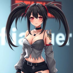 A stunning 3D anime-style woman with long black twintails and captivating red eyes