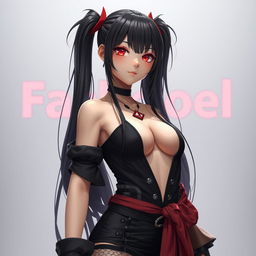 A stunning 3D anime-style woman with long black twintails and captivating red eyes