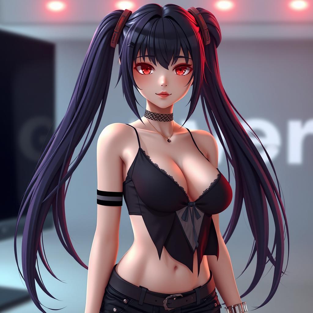 A stunning 3D anime-style woman with long black twintails and captivating red eyes