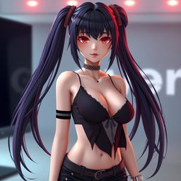 A stunning 3D anime-style woman with long black twintails and captivating red eyes