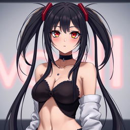 A stunning 3D anime-style woman with long black twintails and captivating red eyes