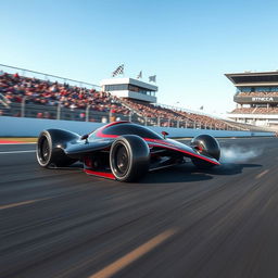 A sleek, futuristic racecar speeding down a track