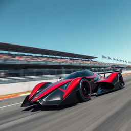 A sleek, futuristic racecar speeding down a track