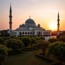 A peaceful and serene mosque with intricate Islamic architecture, showcasing elegant domes and minarets