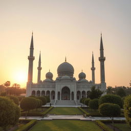 A peaceful and serene mosque with intricate Islamic architecture, showcasing elegant domes and minarets