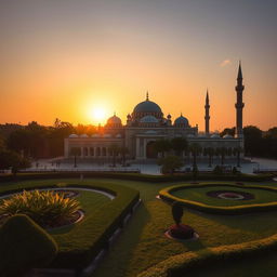 A peaceful and serene mosque with intricate Islamic architecture, showcasing elegant domes and minarets