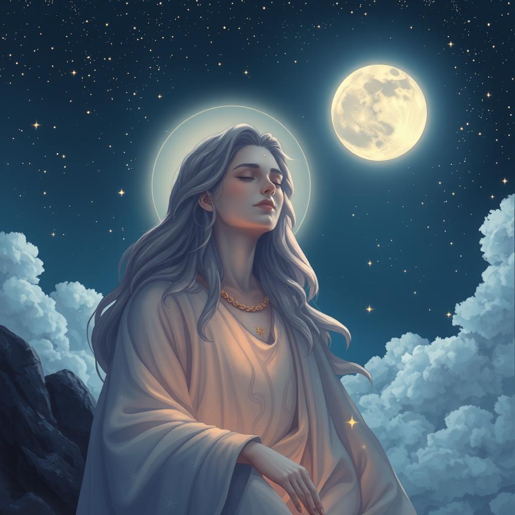 A mystical, enchanting illustration of a divine being with a serene expression under a starry night sky, exuding an aura of tranquility and wisdom