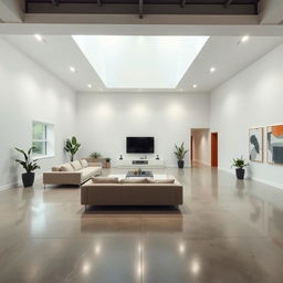 a large room without windows, featuring modern minimalist design, spacious with an open layout, polished concrete floors, sleek white walls, and a high ceiling