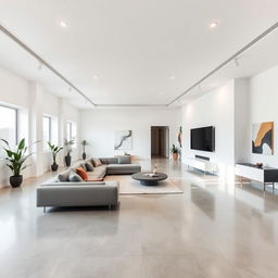 a large room without windows, featuring modern minimalist design, spacious with an open layout, polished concrete floors, sleek white walls, and a high ceiling