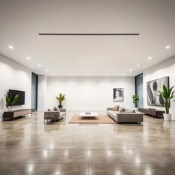 a large room without windows, featuring modern minimalist design, spacious with an open layout, polished concrete floors, sleek white walls, and a high ceiling